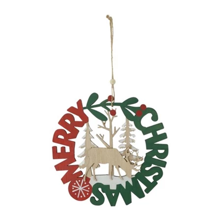 Dekoráció koszorú szarvassal, Merry Christmas felirattal, akasztós, fa, 20x19cm, piros/zöld