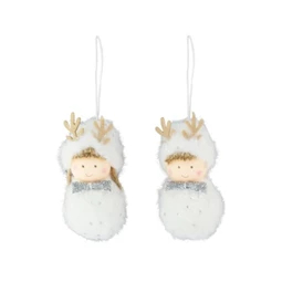 Dekoráció lány agancsos sapkában, akasztós, textil, 8 cm, fehér, 2 féle 1db, figura nem választható