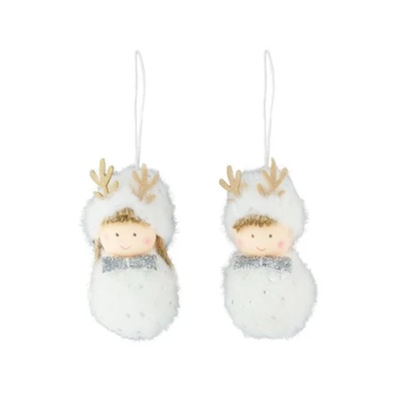 Dekoráció lány agancsos sapkában, akasztós, textil, 8 cm, fehér, 2 féle 1db, figura nem választható