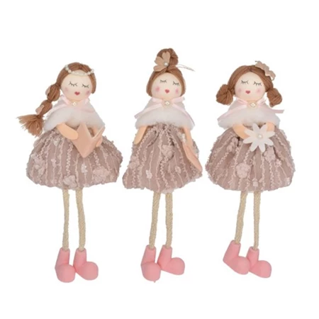 Dekoráció lány csipkés ruhában lógólábú textil 21cm rózsaszín-fehér 3féle 1db