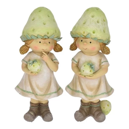Dekoráció lány eper kalapban álló poly 7x5x15,5cm zöld,bézs 2 féle 1db