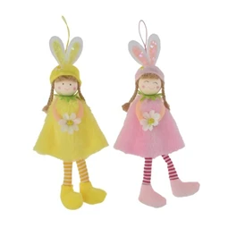 Dekoráció lány nyuszifüllel,virággal lógólábú textil 27cm sárga/rózsaszín 2 féle 1db ( figura nem választható )