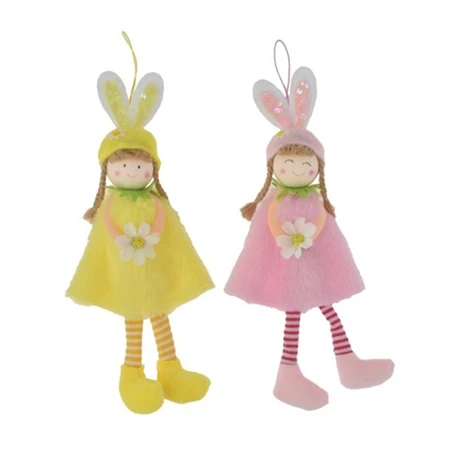 Dekoráció lány nyuszifüllel,virággal lógólábú textil 27cm sárga/rózsaszín 2 féle 1db ( figura nem választható )