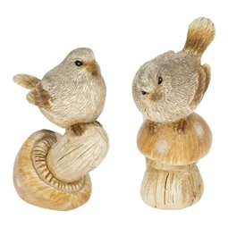 Dekoráció madár gombán poly 5,5x3,5x7,2 cm barna, fehér 2 féle 1db, figura nem választható