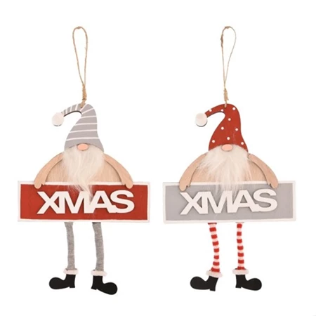 Dekoráció manó Xmas felirattal akasztós fa 40x19,2x2cm piros/szürke 2 féle 1db, figura nem választható