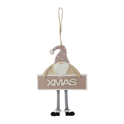 Dekoráció manó Xmas felirattal, fa, 24x16,8x1,8cm, rózsaszín