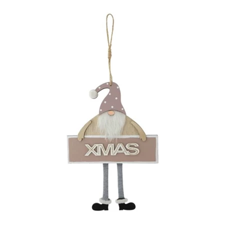 Dekoráció manó Xmas felirattal, fa, 24x16,8x1,8cm, rózsaszín