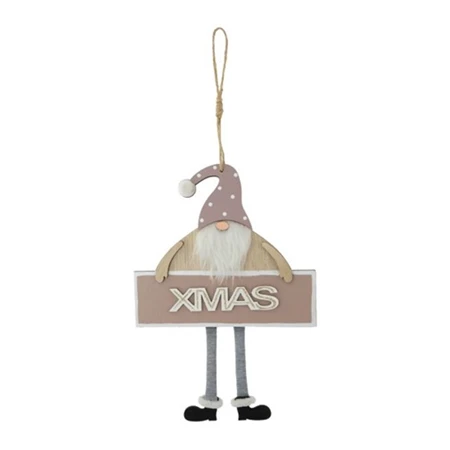 Dekoráció manó Xmas felirattal, fa, 24x16,8x1,8cm, rózsaszín