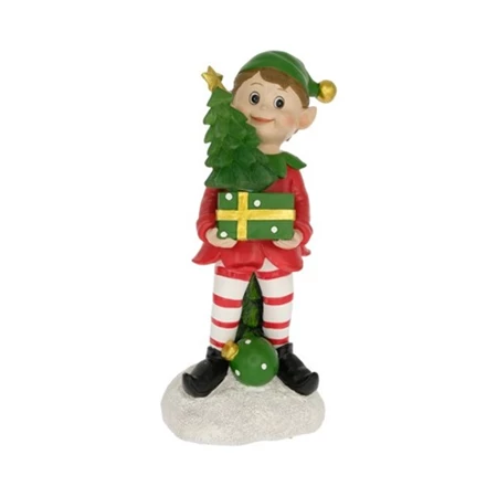 Dekoráció manó fenyővel, ajándékkal álló, LED-es, poly, 13x10x25 cm, piros, zöld