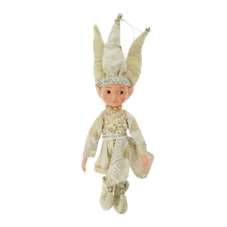 Dekoráció manó fiú csörgősapkában, lógólábú textil 10x7x32cm arany-bézs