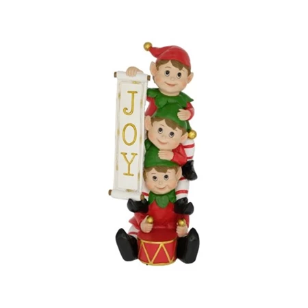 Dekoráció manók dobbal, Joy felirattal, LED-es, poly, 13x13x31 cm, piros, zöld