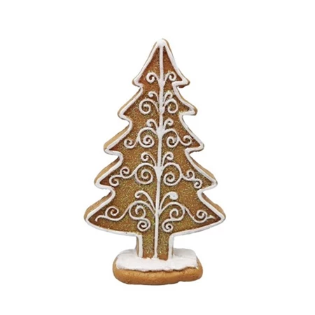 Dekoráció mézeskalács fenyőfa, álló glitteres poly 6,2x2,3x10 cm barna, fehér