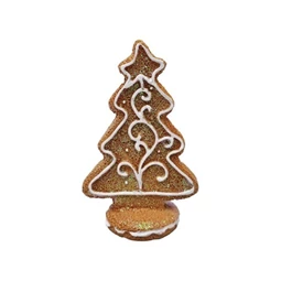Dekoráció mézeskalács fenyőfa csillaggal, álló glitteres poly 5,1x3x8 cm barna, fehér