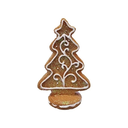 Dekoráció mézeskalács fenyőfa csillaggal, álló glitteres poly 5,1x3x8 cm barna, fehér