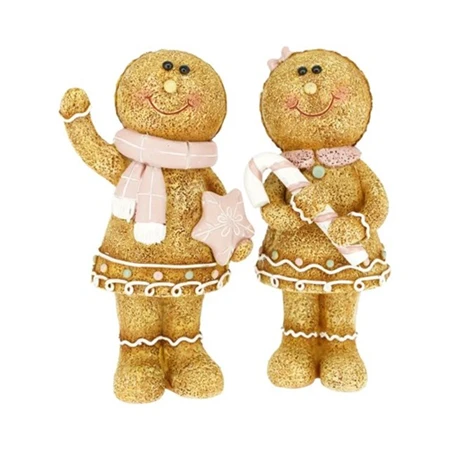 Dekoráció mézeskalács figura fiú/lány csillaggal, cukorbottal álló poly 7x5x15cm barna/rózsaszín, figura nem választható