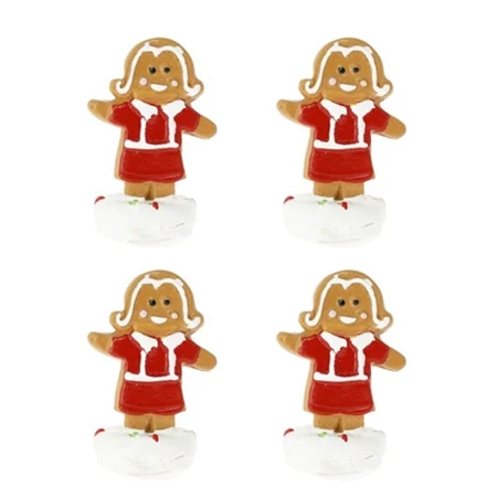 Dekoráció mézeskalács figura ruhában poly 2,6x1,7x3,9 cm piros, barna 4db/csomag