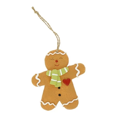 Dekoráció mézeskalács figura sállal, akasztós poly 5,4x1,2x8,5 cm barna, zöld