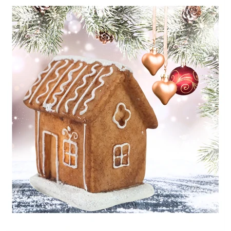 Dekoráció mézeskalács ház LED-es poly 5x6x8cm barna - fehér 4féle 1db