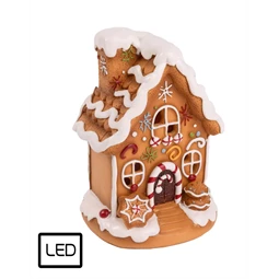 Dekoráció mézeskalács ház, LED-es havas poly 10x16cm barna, fehér