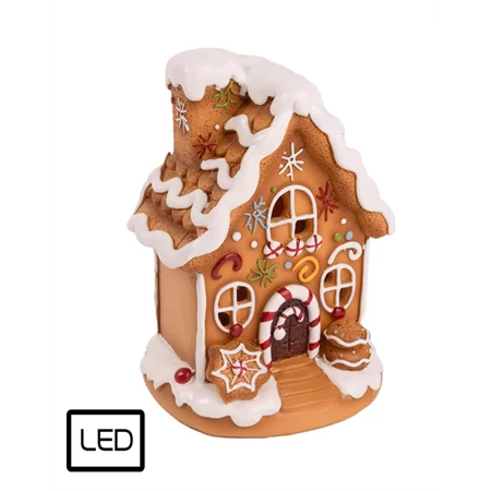 Dekoráció mézeskalács ház, LED-es havas poly 10x16cm barna, fehér