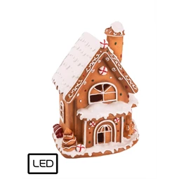 Dekoráció mézeskalács ház, két emeletes LED-es havas poly 14x18cm barna, fehér
