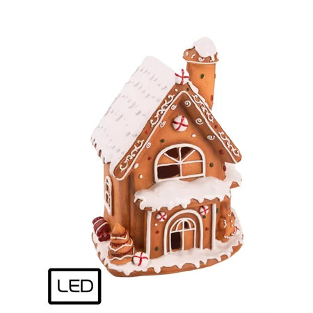 Dekoráció mézeskalács ház, két emeletes LED-es havas poly 14x18cm barna, fehér