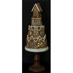 Dekoráció mézeskalács ház tortatartón, glitteres, LED-es poly 24x24x59cm barna/fehér