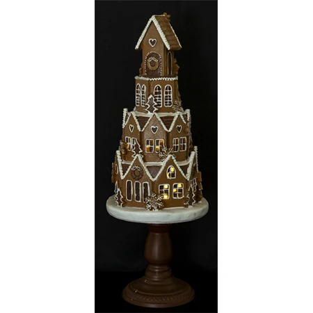 Dekoráció mézeskalács ház tortatartón, glitteres, LED-es poly 24x24x59cm barna/fehér