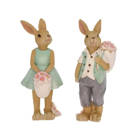 Dekoráció nyúl fiú-lány virággal álló poly 18x18x11,5 cm zöld 2 féle, 1db