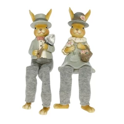 Dekoráció nyúl fiú, lány ruhában, kalapban lógólábú poly 5x4,5x17cm szürke 2 féle 1db, figura nem választható