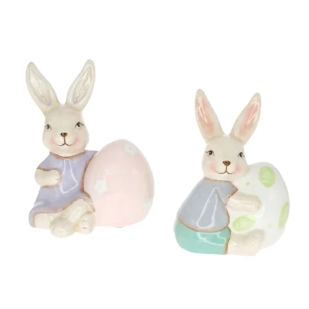 Dekoráció nyúl fiú, lány tojással ülő kerámia 8x6x10 7,5x6,2x10cm lila, zöld 2 féle 1db, figura nem választható