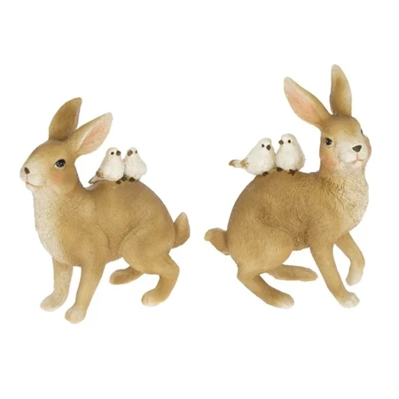 Dekoráció nyúl kismadarakkal poly 10x5x13cm barna, fehér 2 féle 1db, figura nem választható