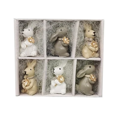 Dekoráció nyúl masnival, virággal poly 2,1x1,5x3cm szürke-arany 6db/csomag