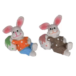 Dekoráció nyúl tojással fiú ülő poly 5x2x4,2cm barna,kék,narancssárga 2db/csomag