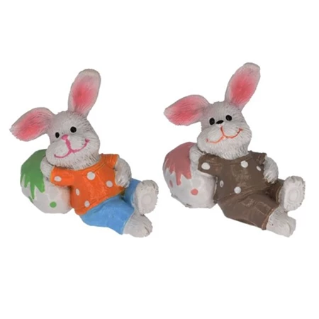 Dekoráció nyúl tojással fiú ülő poly 5x2x4,2cm barna,kék,narancssárga 2db/csomag