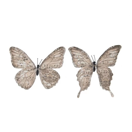 Dekoráció pillangó csipeszes 11cm hangjegy mintás glitteres 6db/csomag világos barna