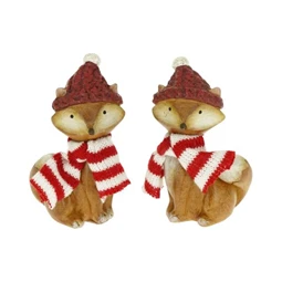 Dekoráció róka sállal, sapkában ülő poly 3,5x4x8 cm bézs, piros 2féle 1db