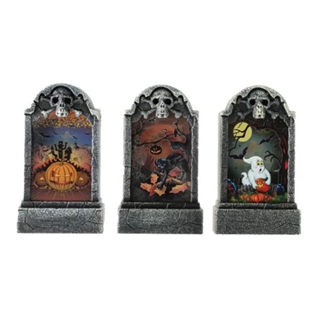 Halloween dekoráció sírkő LED-es halloween-i figurákkal színes 3 féle 1db