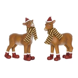 Dekoráció szarvas csíkos sállal csizmában álló poly 10x3x11,5 cm barna-piros 2 féle 1db, figura nem választható