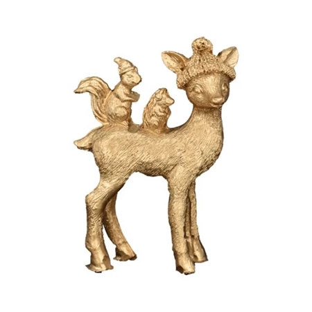 Dekoráció szarvas mókussal, sünivel álló poly 6,3x2,4x8,3cm arany