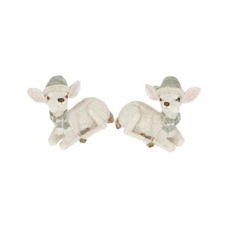 Dekoráció szarvas sapkában sállal fekvő glitteres poly 9,5x5,5x7,2cm fehér-szürke 2 féle 1db, figura nem válaszható