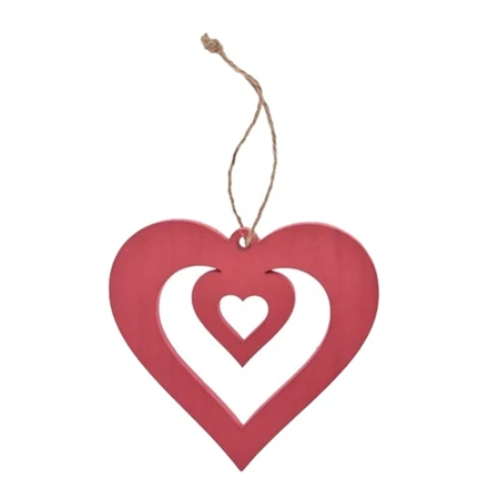 Dekoráció szív, fa, akasztós, 7cm piros