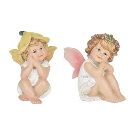 Dekoráció tündér virágkalapban, koszorúval ülő, glitteres poly 6,4x5,9x7,7cm sárga, rózsaszín 2 fél 1db