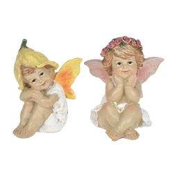 Dekoráció tündér virágkalapban, koszorúval ülő, glitteres poly 6,4x5,9x7,7cm sárga-rózsaszín, figura nem választható