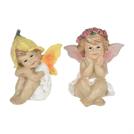 Dekoráció tündér virágkalapban, koszorúval ülő, glitteres poly 6,4x5,9x7,7cm sárga-rózsaszín, figura nem választható