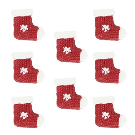 Dekoráció zokni hópehely mintával, öntapadós poly 2,5x0,5x2,5 cm piros, fehér 8db/csomag