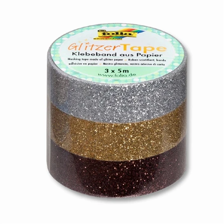 Dekorációs ragasztószalag 3db 15mm x 5m glitteres ragasztószalag, csillogó arany, ezüst, barna WASHI TAPE