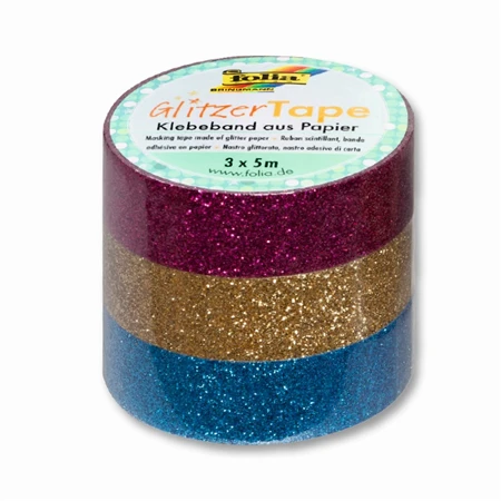 Dekorációs ragasztószalag 3db 15mm x 5m glitteres ragasztószalag, csillogó pink, arany, világoskék WASHI TAPE