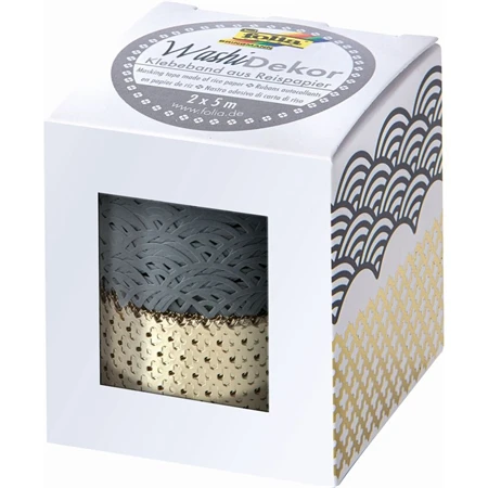 Dekorációs ragasztószalag rizspapírból, csipke szegéllyel, 2db/csomag 25mmx5m szürke/arany