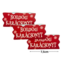 Dekorációs tábla, ajándékkísérő, 3db nyomatott karton tábla 2mm-es, 7,5x3,5cm Boldog Karácsonyt felirat szalag